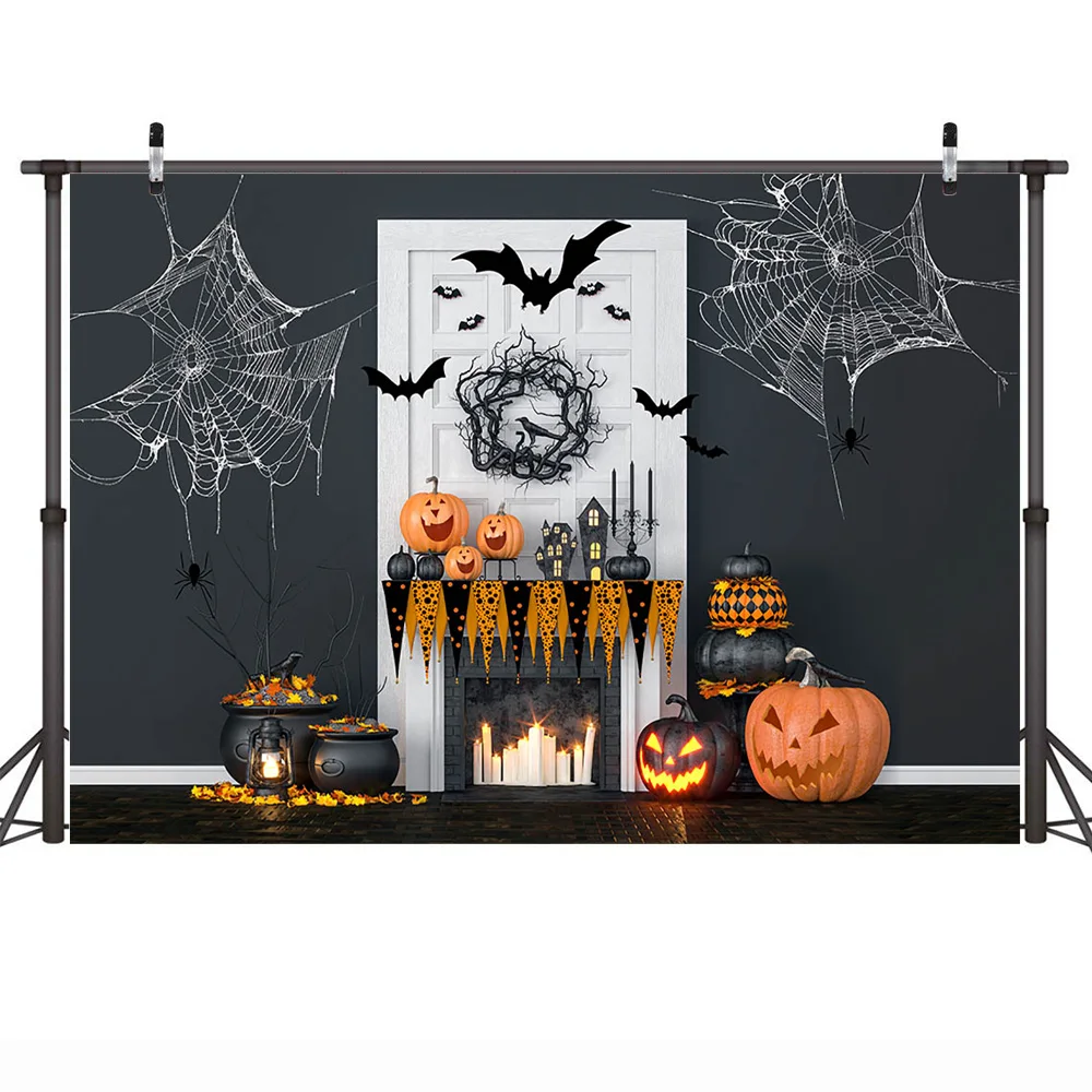 Halloween Night Party Backdrop Decorations Spider Web Fireplace Halloween Portrait Background Pumpkin Lantern Birthday Photocall