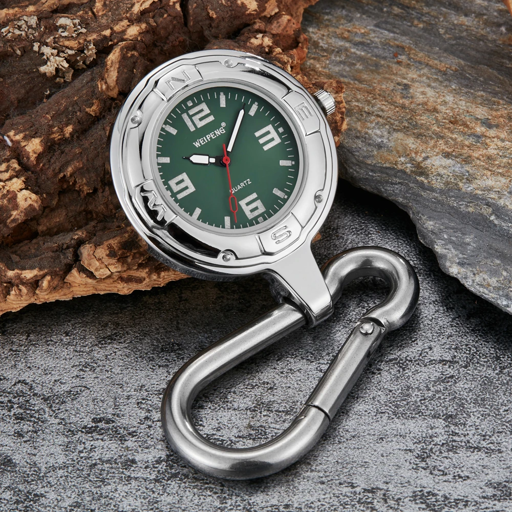 

Hook Clip Silver Quartz Pocket Watch Luminous Hands Carabiner For Climbers Easy To Carry Smooth Round Dial Outdoor Watch