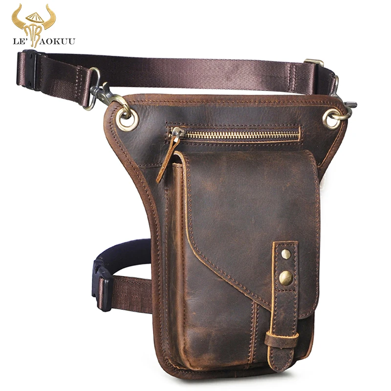 Thick Crazy Horse Leather Men Design Classic Shoulder Sling Bag Travel Fanny Waist Belt Pack Leg Thigh Bag For Men Male 211-6