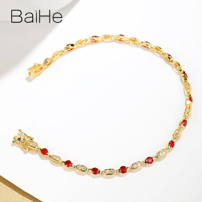 BAIHE Solid 14K Yellow Gold Natural Ruby Diamond Bracelet Women men Wedding Engagement Fine Jewelry браслеты браслет pulseras