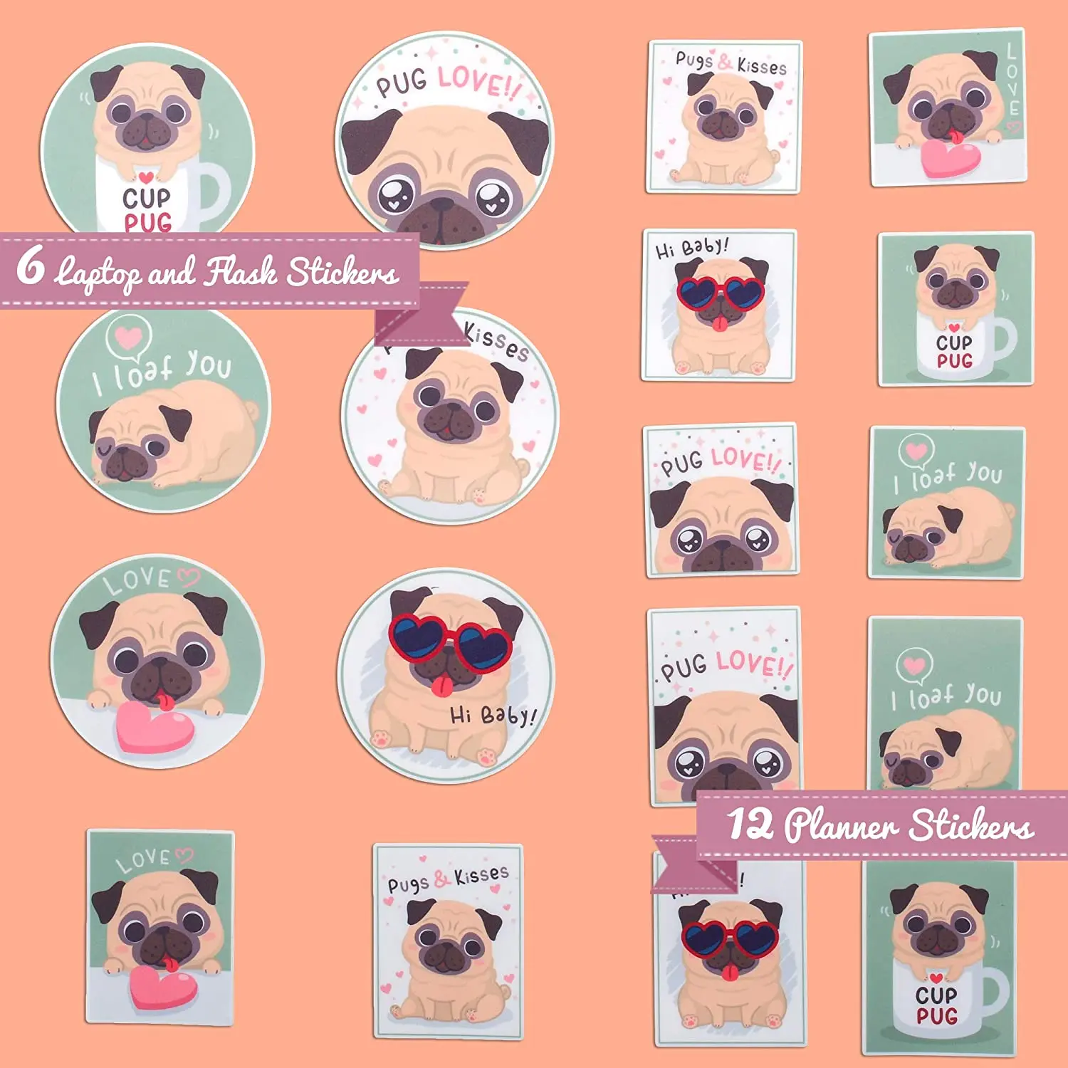 18 Pcs Speelse Pug Sticker Set-Vierkante, Verticale En Ronde Decals Voor Laptops, Water Flessen, Planners