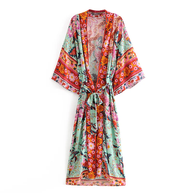 TEELYNN długie Boho Kaftan Cardigan Rayon kwiatowy print Bikini na plażę Cover Up szlafrok Kimono lato luźne damskie bluzki