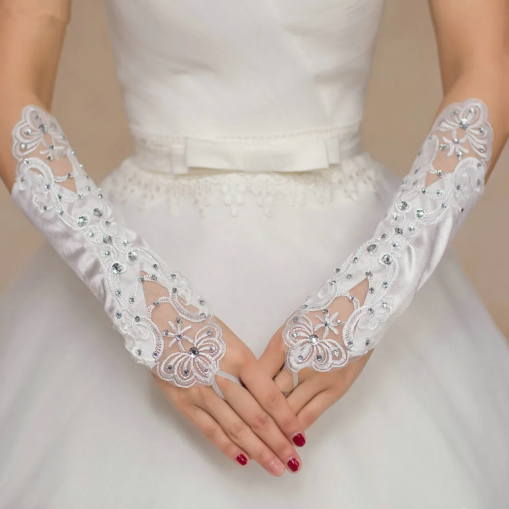 Ivory Satin Fingerless Elbow Length Rhinestone Embroidered Beaded Applique Bridal Glove