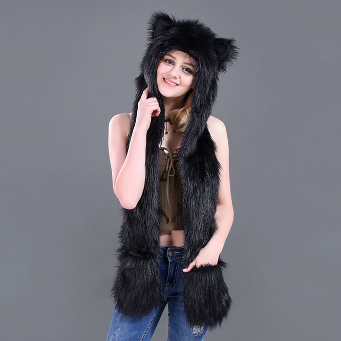 New Wolf Animal hoods cute animal faux fur hat cap women mens fashion warm animal fur hats with gloves Girl