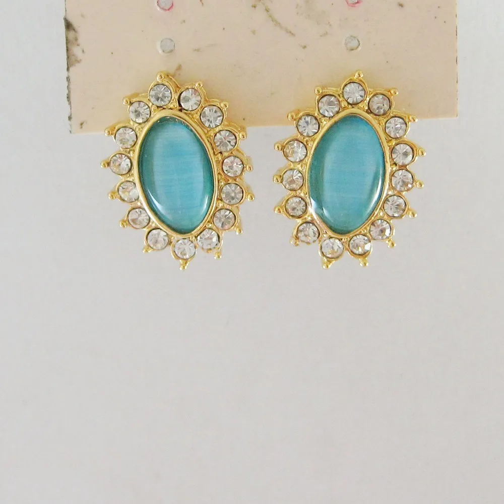 GREEN BLUE COLOR WITH CZ STONES YELLOW GOLD PLATED TALL 0.67