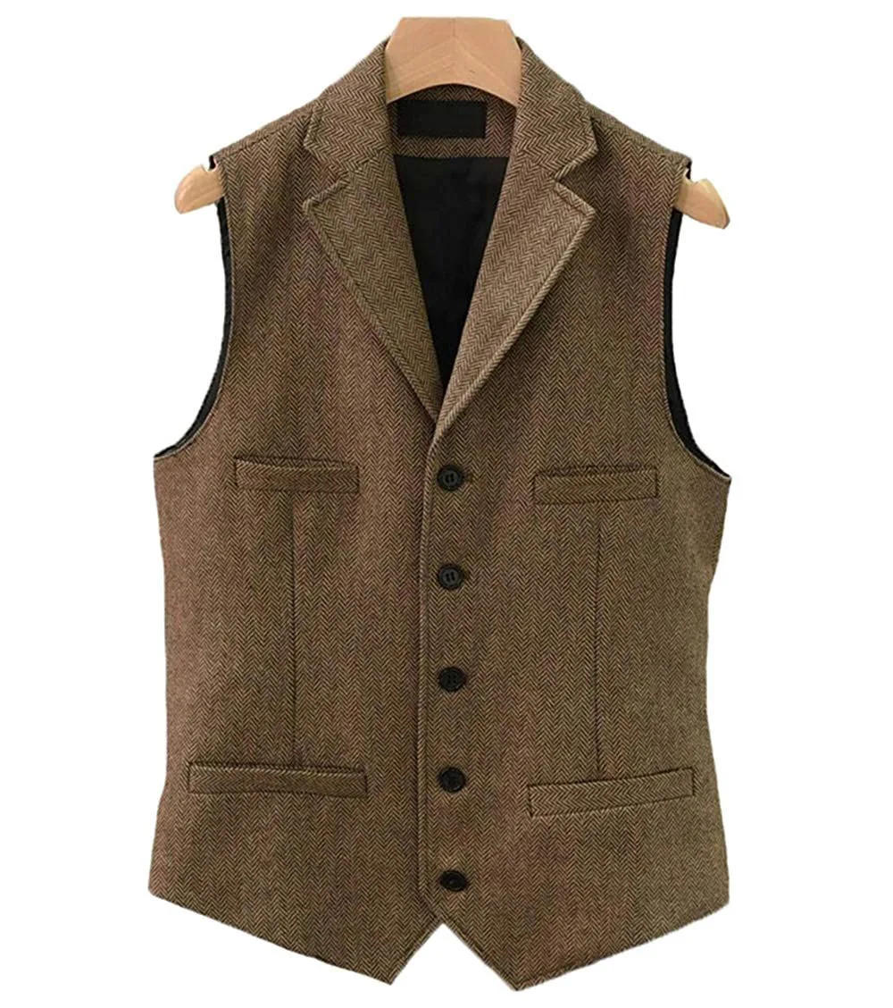 

New Herringbone Pattern Brown Vest Men's Formal Business Waistcoat Notch Lapel Wool Tweed Groomsmen Vest For Wedding