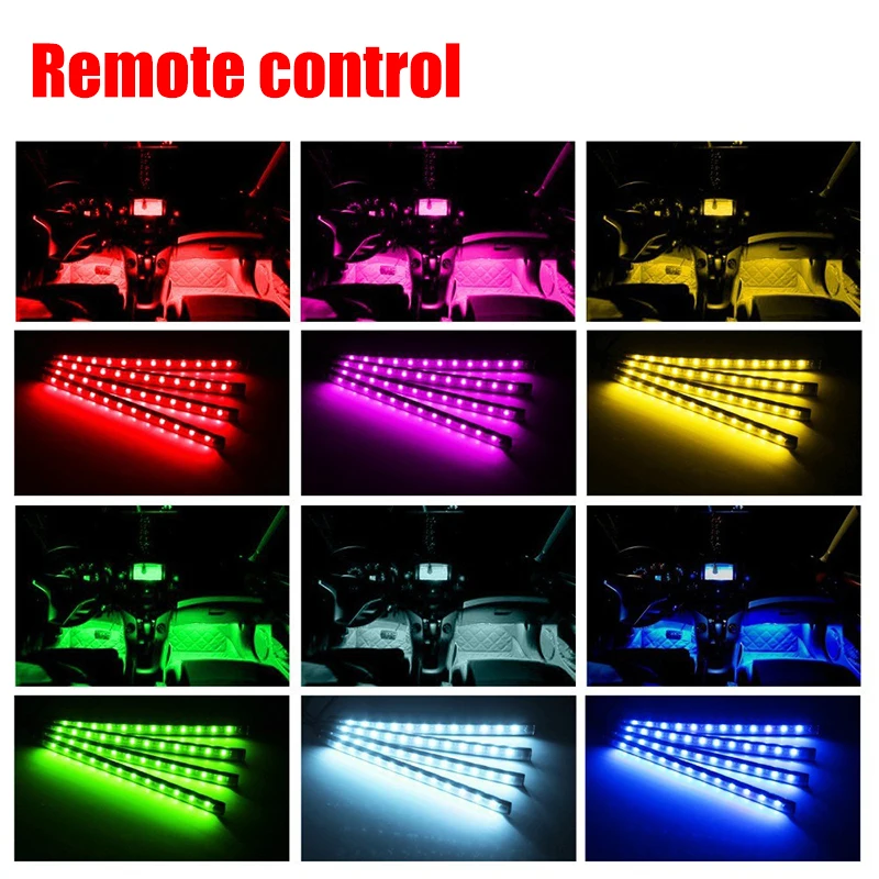 LED Car Foot Light Ambient Lamp With USB Wireless Remote Music Control Multiple Modes Automotive Interior Decorative Lights