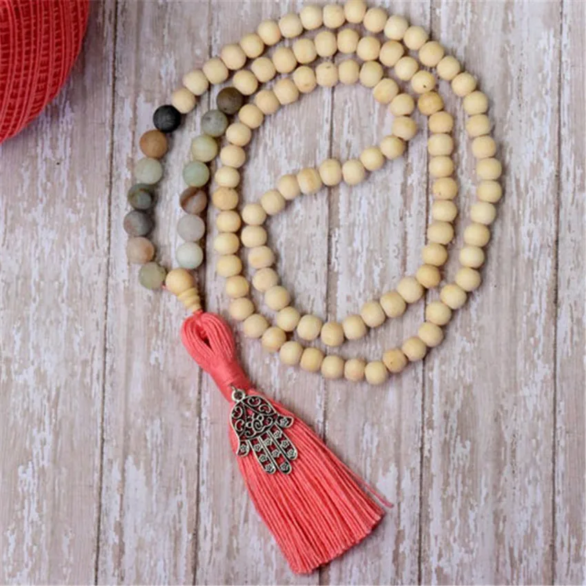 

8mm Amazonite Beige Prayer Beads Handmade Tassel Necklace Buddhist Buddhism Japa Spirituality Retro Mala Chakra Meditation Men