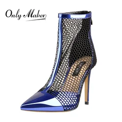 Onlymaker Women Fishnet Zipper Ankle Boots Pumps 10CM High Heels Sandals Sock Fashion Blue and Red ladies Booties Big Size