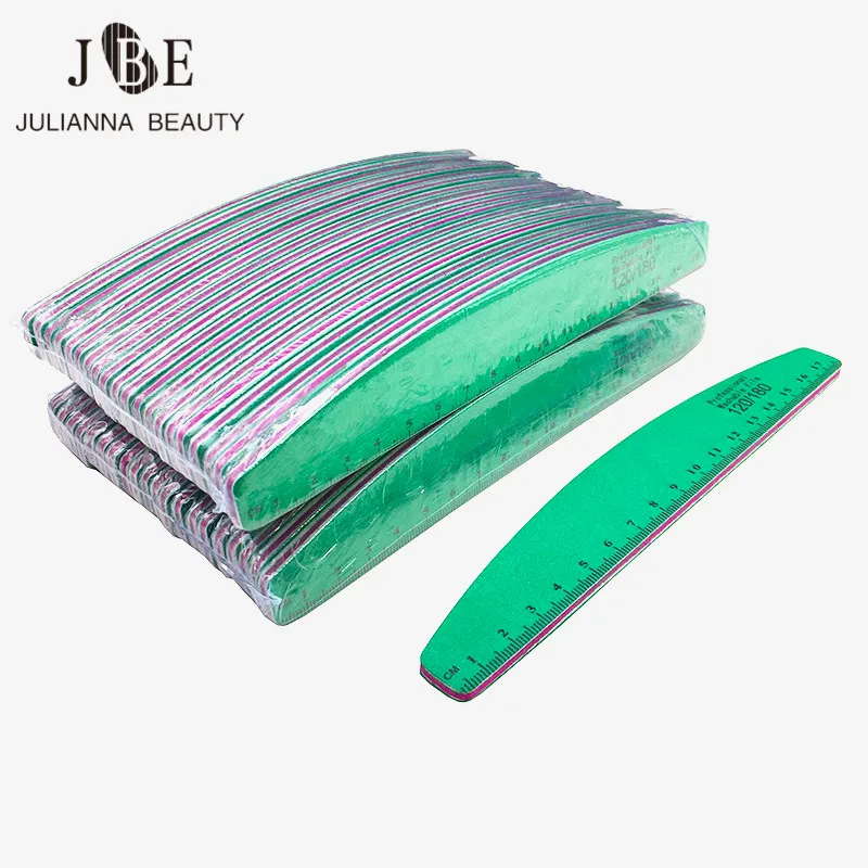 50pcs Professional Ruler Nail File 120/180 Half Moon Sandpaper Nail Sanding Green Lime Grinding Polishing Manicure Care Tool