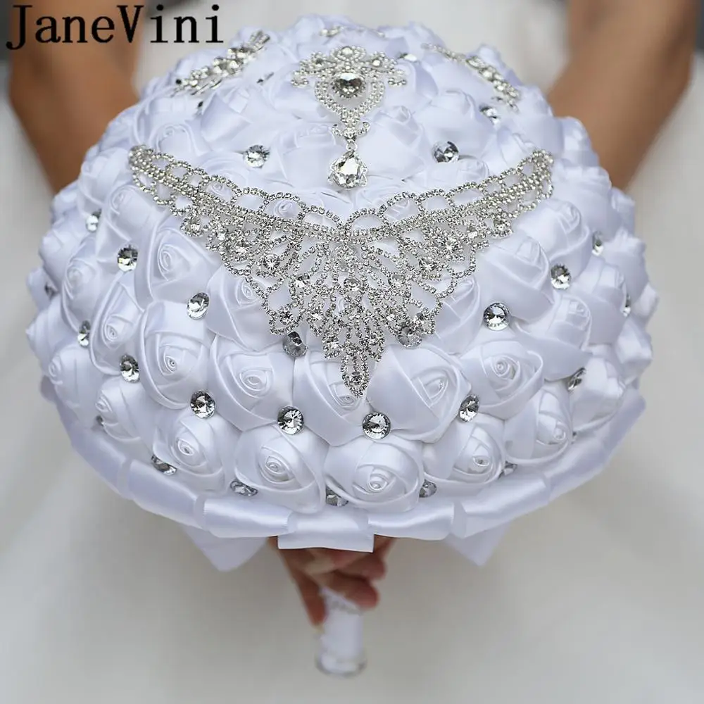 JaneVini, ramos de boda grandes de 30CM para novia grande, rosas de satén blanco, joyería de mariposa de cristal brillante, ramo de novia 2024