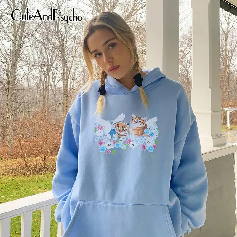 

Streetwear Cartoon Print Hooded Sweatshirts Autumn Front Pockets Loose Clothes Fashion Harajuku Clue Tops Shirts Cuteandpsycho