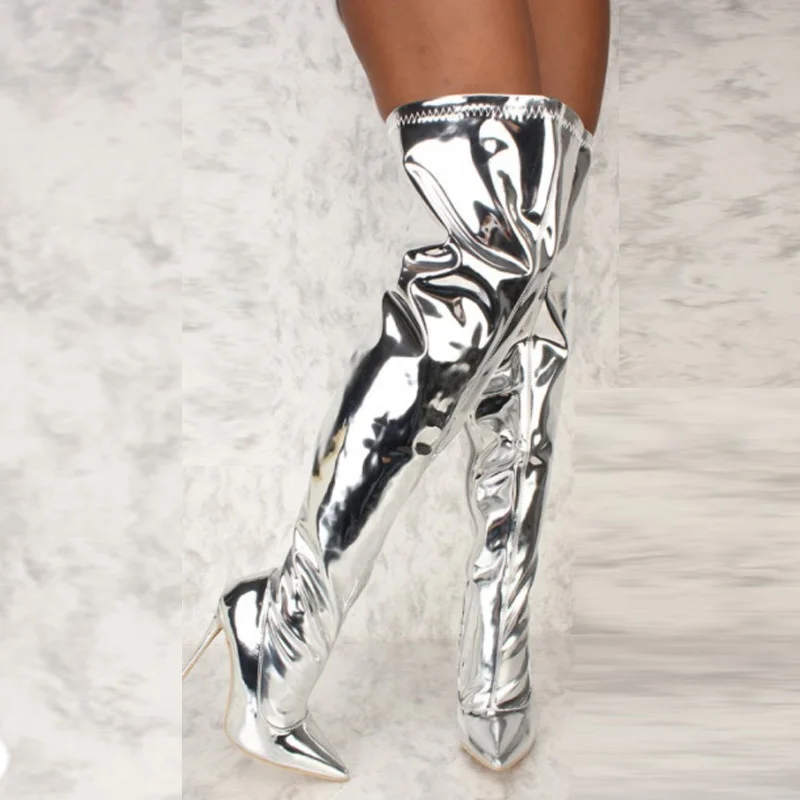 Botas de plataforma con espejo para mujer, zapatos puntiagudos Punk de tacón alto y fino por encima de la rodilla, botas largas con cremallera
