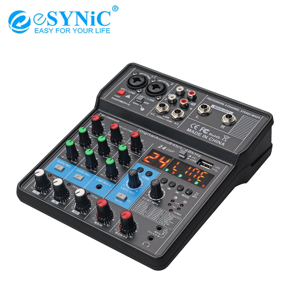 

eSYNiC Professional 4 Channel Audio Mixer with 24 DSP USB Bluetooth MP3 Computer Input for PC Recording Singing Webcast Party