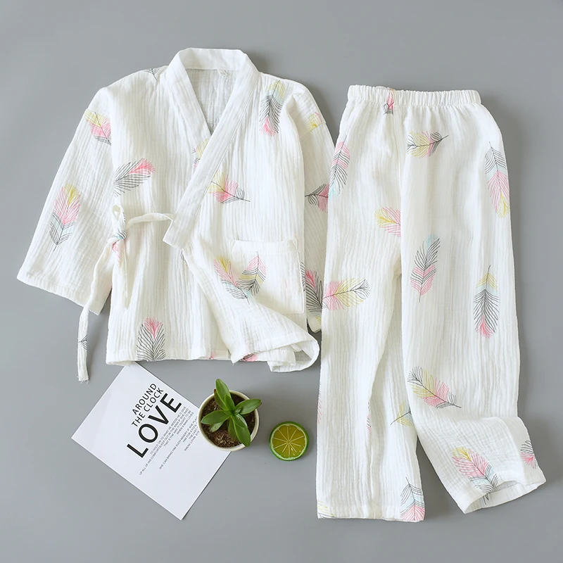 Simple Girls Long-Sleeved Sleepwear Kids' Cotton Kimono Children's Hanfu Creative Baby Japanese-Style Home Pajamas Kimono LB833