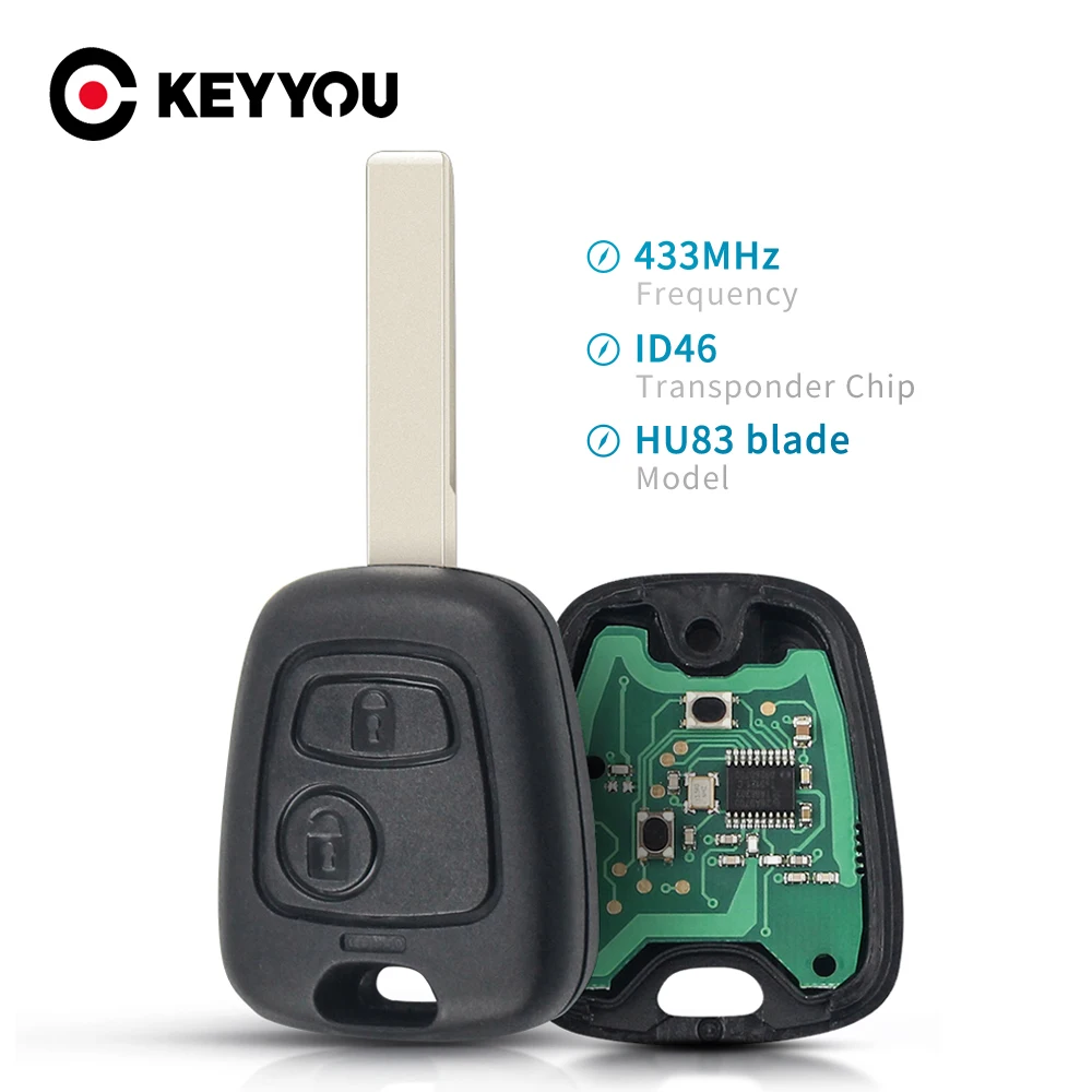 KEYYOU Car remote control Key 2 Buttons 433Mhz For PEUGEOT 207 307 Car Keyless Fob PCF7961 Chip HU83 Blade