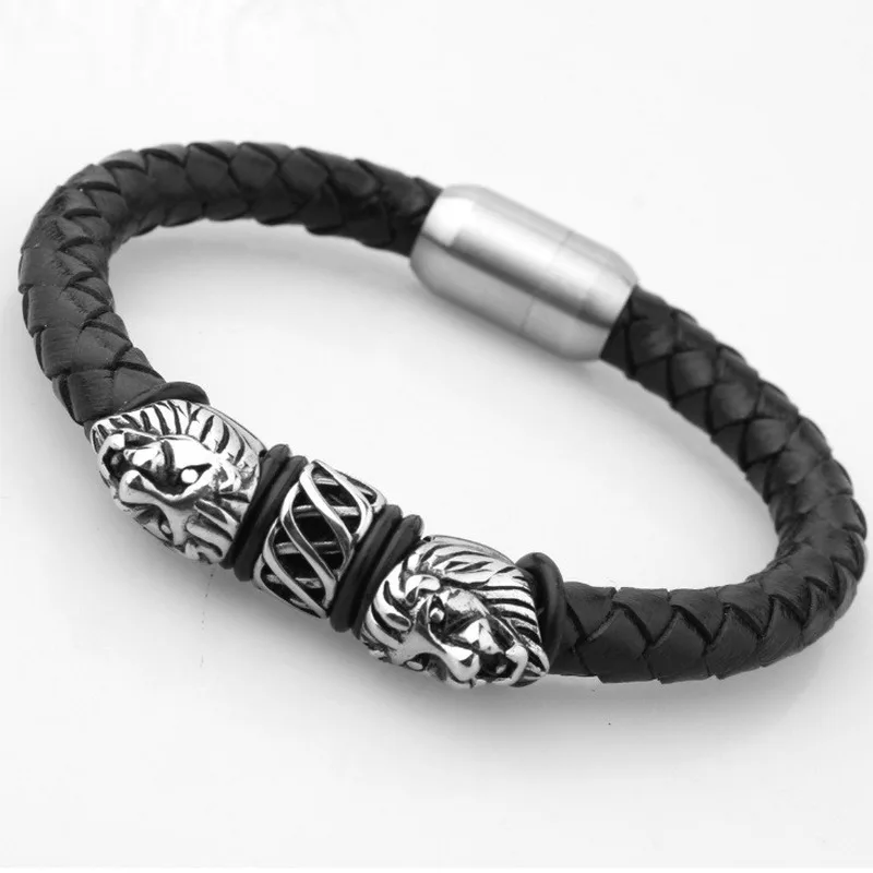 Classic Punk Style Handsome Gold Lion Magnetic Buckle Leather Bracelet Hip-Hop Trendy Men's Daily Wear Must Go Out