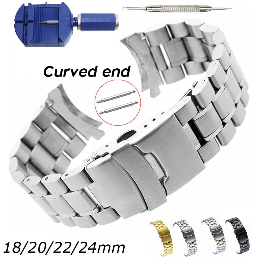 

Curved End Watch Band 18mm 20mm 22mm 24mm Replacement Watch Strap Double Lock Clasp Stainless Steel Watchband with Tools