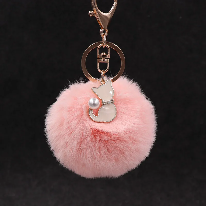 2020 Wholesale Korean Cute Pearl Cat Pendant Imitation Rex Rabbit Fur Ball Keychain Ladies Bag Plush Ornaments