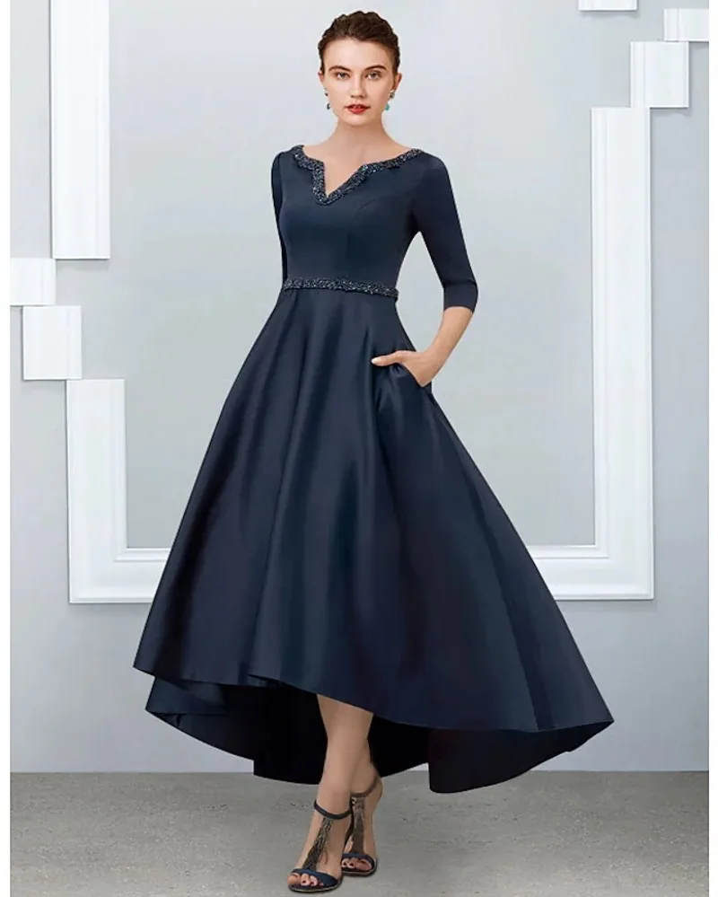 Elegant Dark Navy Hoge Lage Avondjurk V-hals Kralen Satin Half Sleeve Prom Party Gown Vestidos Fiesta Robe De soiree