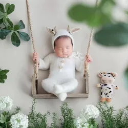 Newborn Photography Props Rope Wooden Swing Baby Photo Shooting Toy Outfit Clothes Boy Mohair Knitted Bodysuit Hat Cow Doll Set