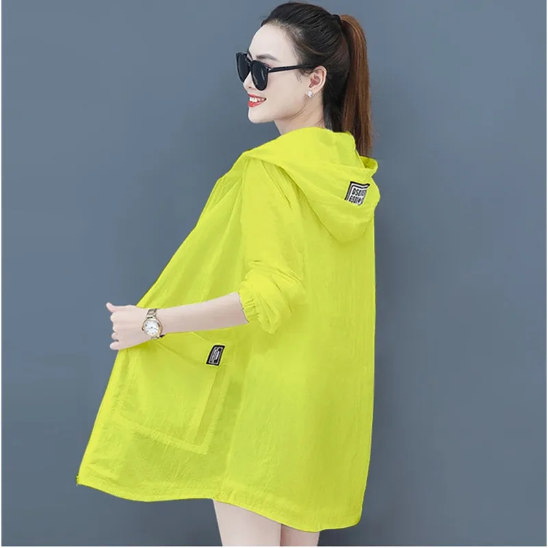 UHYTGF Hooded 5XLLoose Size Sun Protection Clothing Women Solid Wild Thin Jacket Anti-UV Breathable Outdoor Summer Tops Coat 815