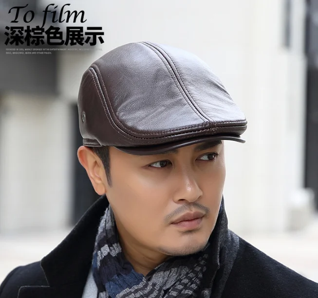 Man Flat Caps Men Real Leather Duckbill Hats Berets Earflaps Black Casual Directors Cap Male Vintage Winter Driving Caps B2
