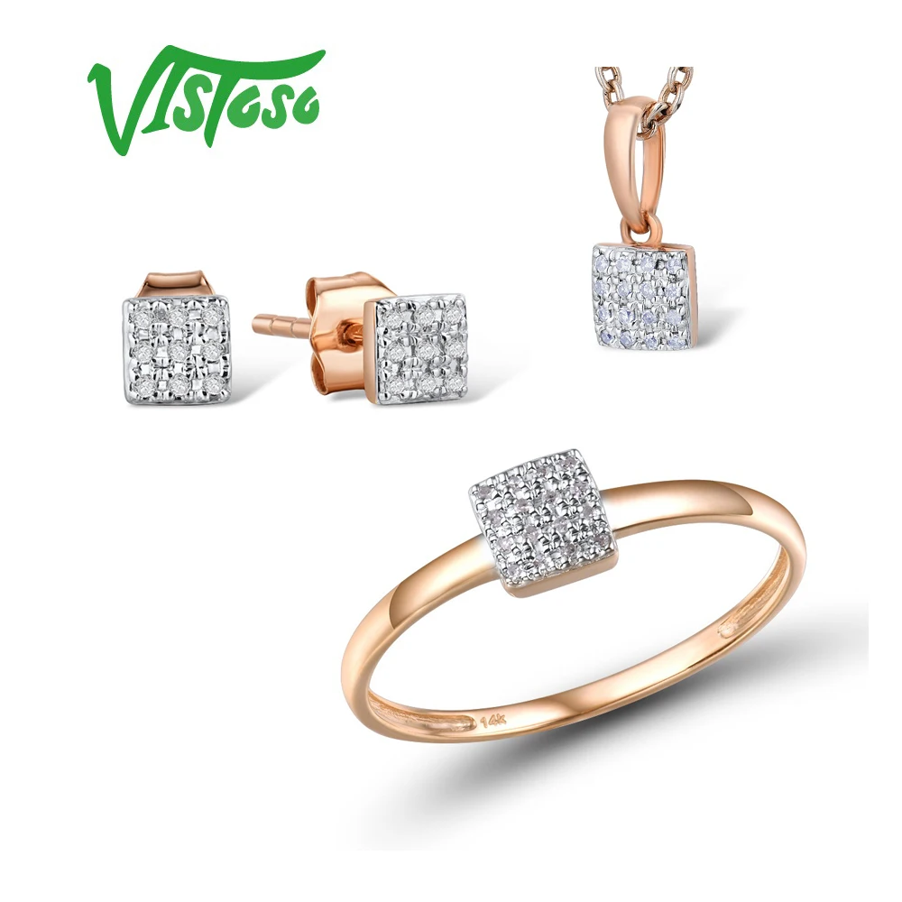 VISTOSO Bộ Trang Sức Cho Người Phụ Nữ Nguyên Chất 14K 585 Hoa Hồng Vàng Kim Cương Lấp Lánh Vuông Bông Tai Vòng Mặt Dây Chuyền Bộ Thời Trang Mỹ bộ Trang Sức