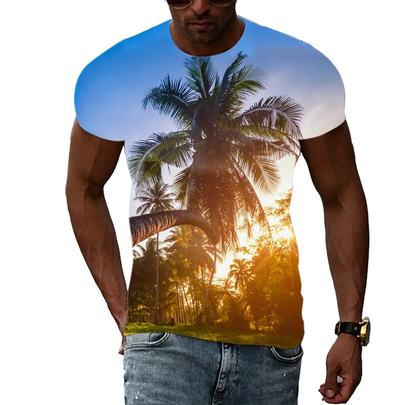 Summer Coastal Palm Tree graphic t shirts For Men Fashion Casual Landscape Pattern T-shirt 3D Printing short sleeve t-shirts Top