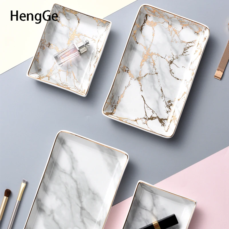 Nordic Square Ceramic Trays Decorative Golden Marble Texture Decoration Golden Stroke Tableware Storage Trays Cosmetic Container