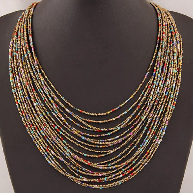 Fashion new bohemian women necklace long chain rice bead necklace trinket