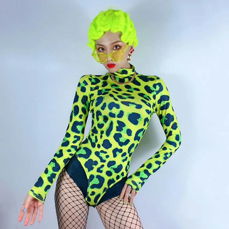 New Neon Green Leropard Bodysuit Long Sleeves Women Singer Stage Costume Jazz Gogo Dancer Pole Dance Clothing Rave Wear DNV15196