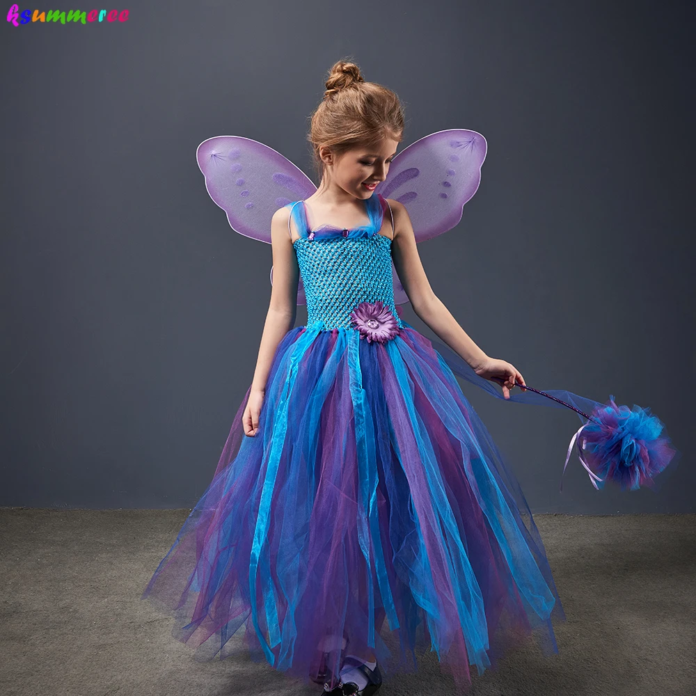 Fairy Princess Girls Tutu Dress with Wings and Wand Kids Birthday Party Pageant Ball Gown Purim Carnival Vestidor Robe Infantil