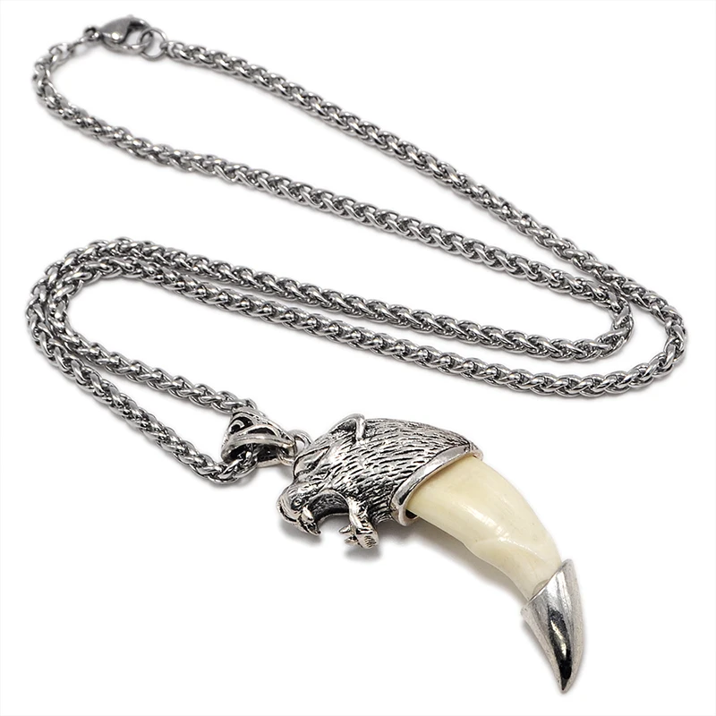 YX007 Fake Tiger Tooth Pendant Necklace Stainless Steel Necklace Tibetan Amulet Fangs Necklace Vintage Charm Bone Choker