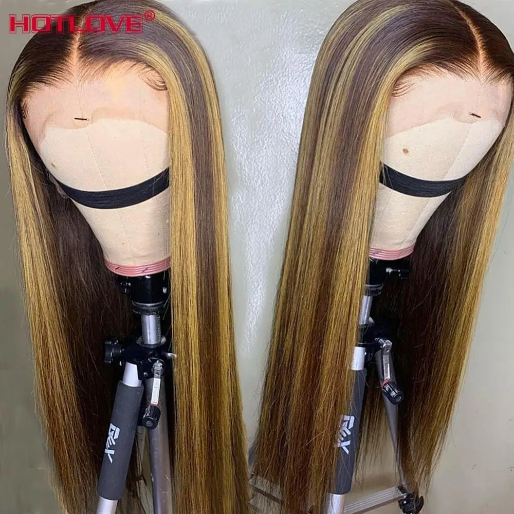 Wig Rambut Manusia Renda Depan Rambut Lurus untuk Wanita Kulit Hitam Rambut Warna Ombre Sorot Brasil 13X1 Wig Renda Depan Rambut Bayi Remy