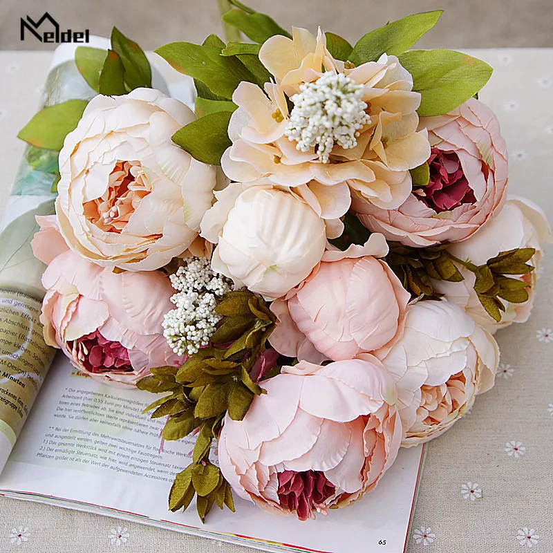 Pink Silk Peonies Artificial Flowers Big Bouquet Arrangement Fake Flowers Peony White DIY Home Hotel Party Wedding Decor Floral