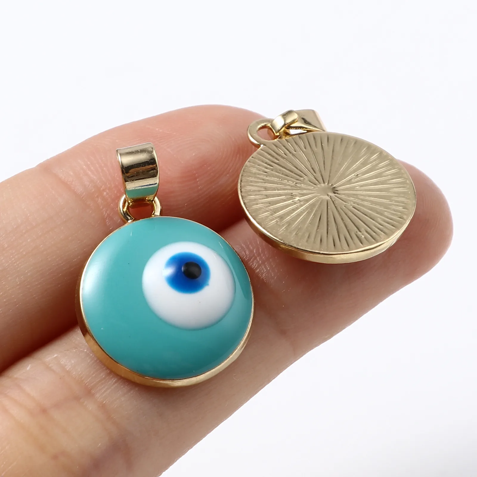 Fashion Turkish eye Charms Round Gold Color Light Blue Evil Eye Enamel Lucky Charms For Jewelry Making 24mm x 16mm, 2 PCs