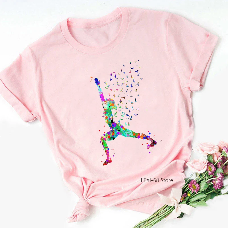 Watercolor Running Girl Butterfly Print Tshirt Women T Shirt Femme Summer Fashion Pink T-Shirt Female Streetwear Tops