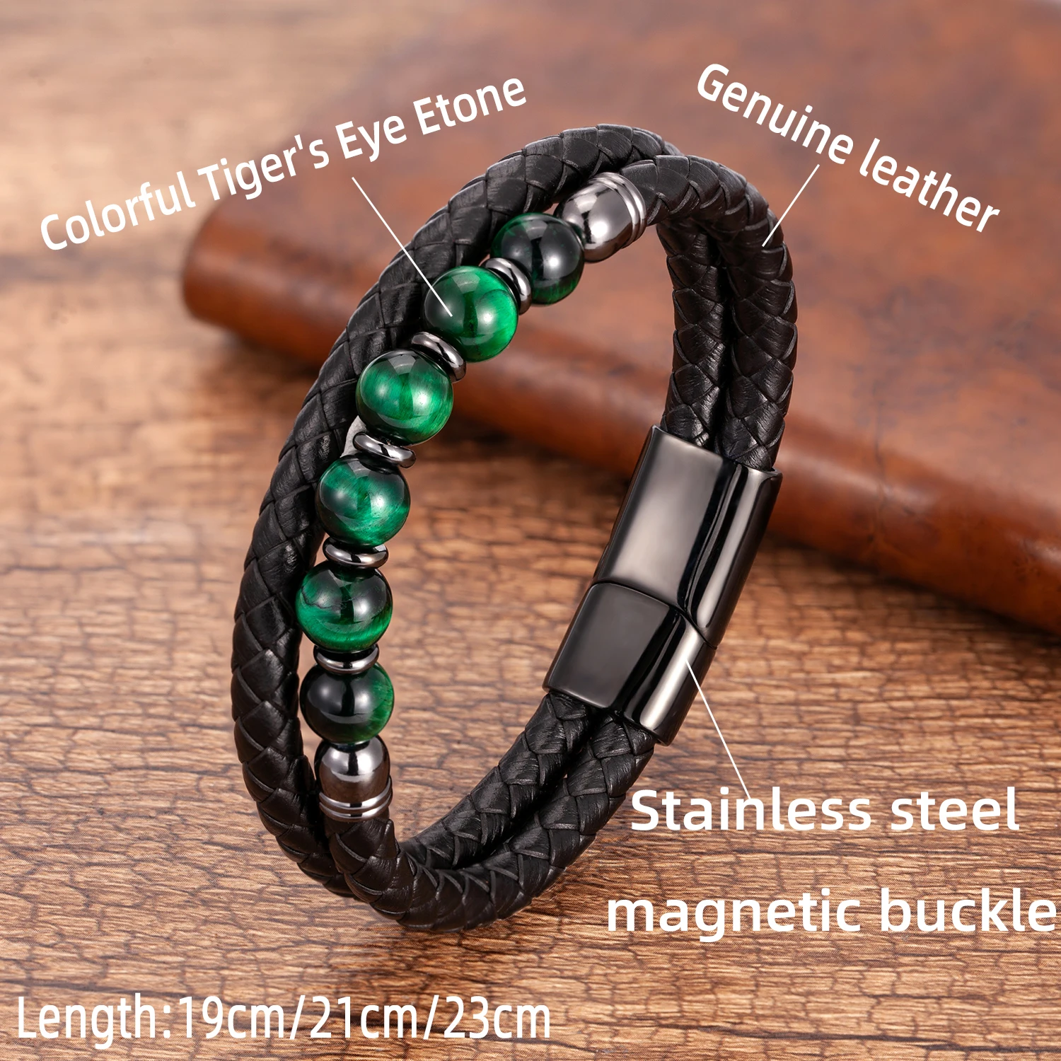 Modischer Herrenschmuck, Charm-Armband mit runden Steinen für Männer, bunte Tigerauge-Perlen, schwarze Lederkette, Armreif, Geschenk für Männer – Detail 3