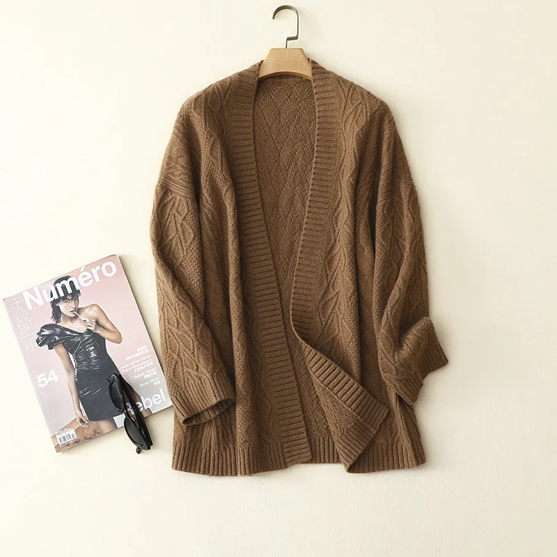 masigoch winter chunky knit 100% cashmere jacquard open outerwear coat