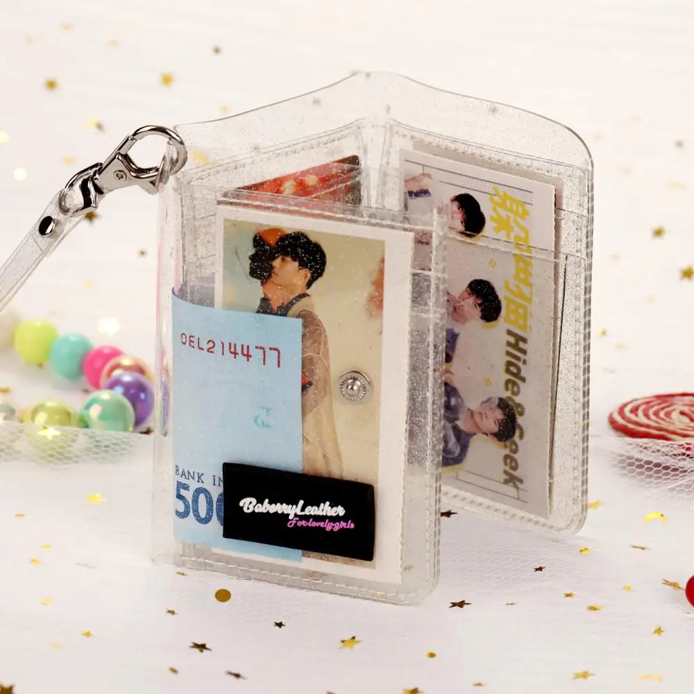 New Transparent ID Card Holder PVC Folding Short Wallet Ins Korean Fashion Women Girl Glitter Cut Cards Purse 2022