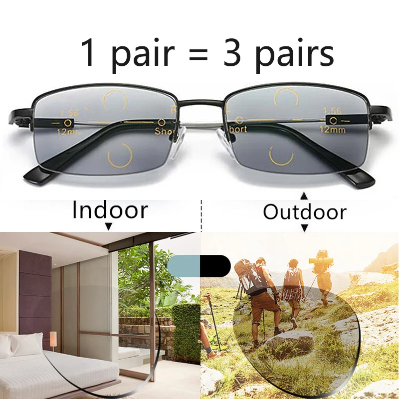 

Photochromic Progressive Reading Glasses Men Women 2021 Multifocus Anti-blue Ray Presbyopic Glasses Half Rim Memory Titanium1.5