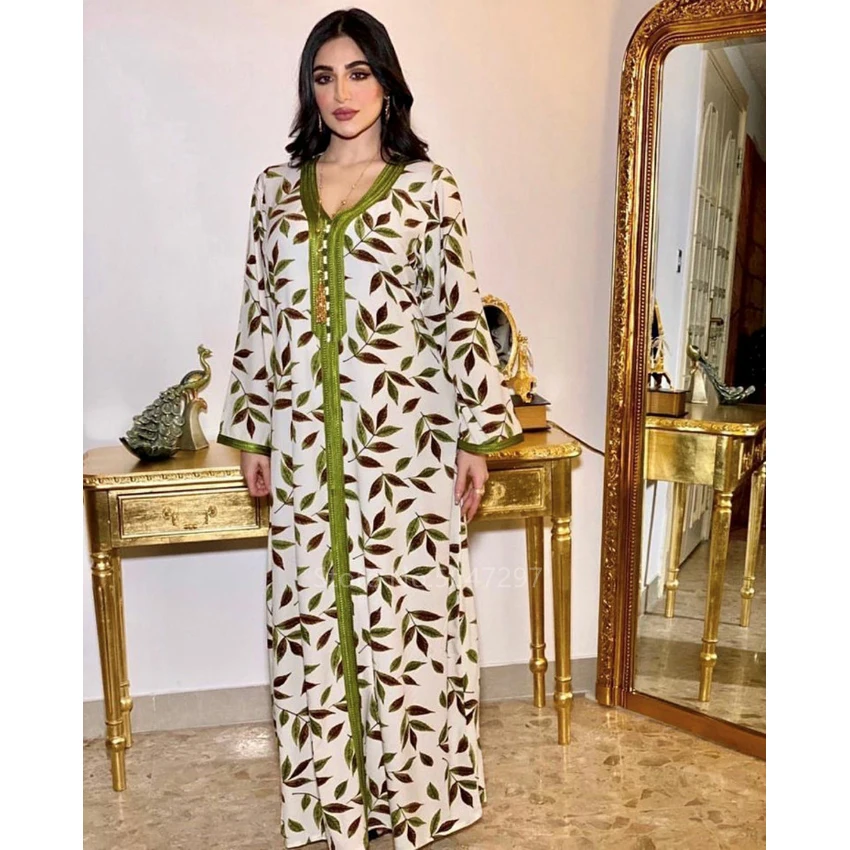 Eid Mubarak Abaya Muslim Fashion Leaf Print Green for Women Dubai Arab Islamic Clothes Maxi Abayas Hijab Vestido Musulman Kaftan