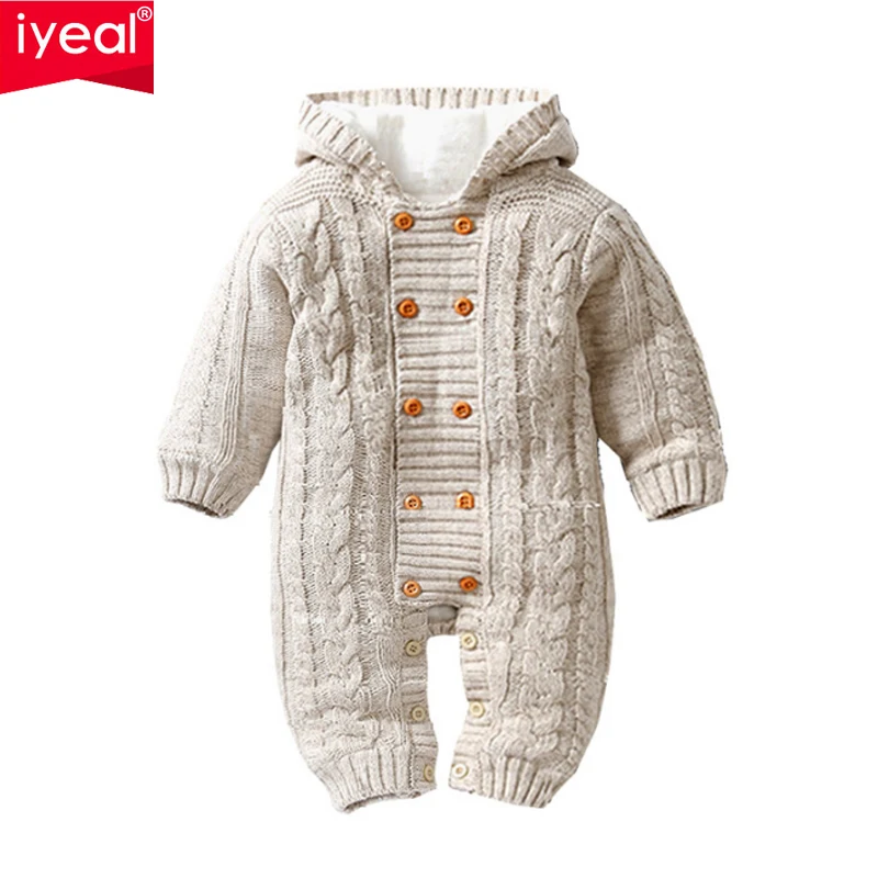 IYEAL Thick Warm Infant Baby Rompers Winter Clothes Newborn Baby Boy Girl Knitted Sweater Jumpsuit Hooded Kid Toddler Outerwear