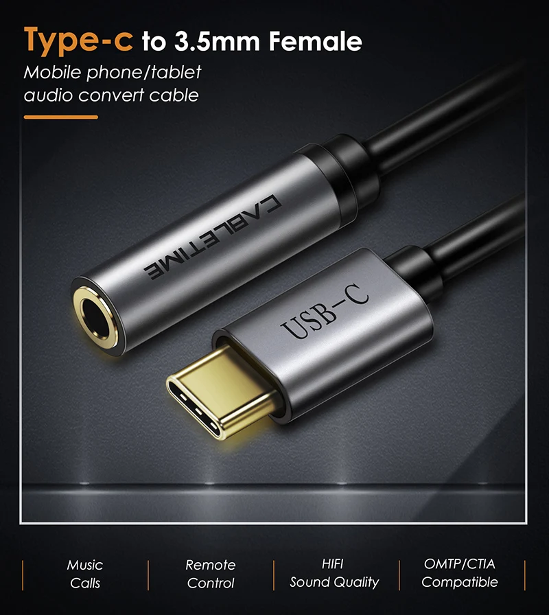 CABLETIME Loại C Adapter Tai Nghe USB C Sang AUX 3.5Mm Tai Nghe Adapter Cáp Âm Thanh Cho Huawei V30 Giao Phối 20 p30 Pro Xiaomi C019
