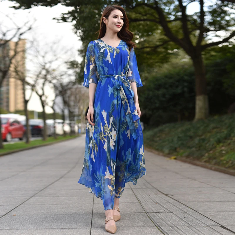 Vintage Chic Women Floral Print Beach Bohemian Maxi Dress Ladies scollo a V telai Chiffon Happie Boho Dress Vestidos Plus Size Robe