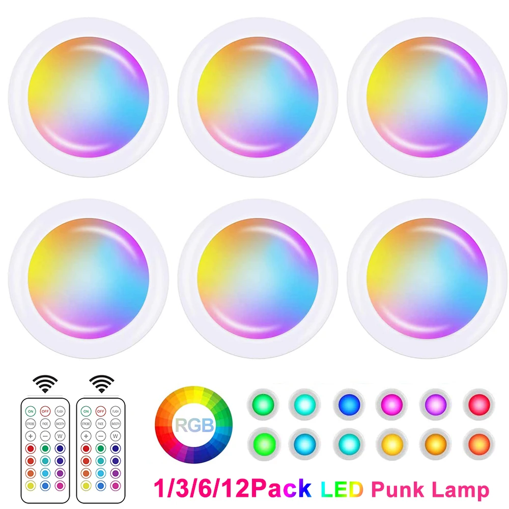 

LED Cabinet Light Wireless RGBW Color Puck Lights Remote Control Dimmable Lamp For Cupboard Wardrobe Battery Bedroom Night Light