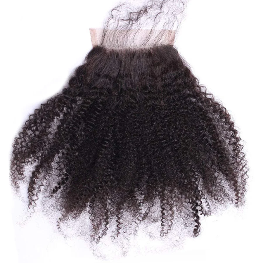 Afro kinky encaracolado feixes de cabelo humano 50 g/pc peruano remy cabelo 3/4 pacotes com 4x4 fechamento do laço extensões de cabelo encaracolado curto