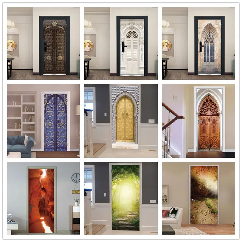 European Style Fashion Life Design Door-Sticker Wooden Door Renovation Decoration Poster Art Home Wall Self-adhesive Mural Decor