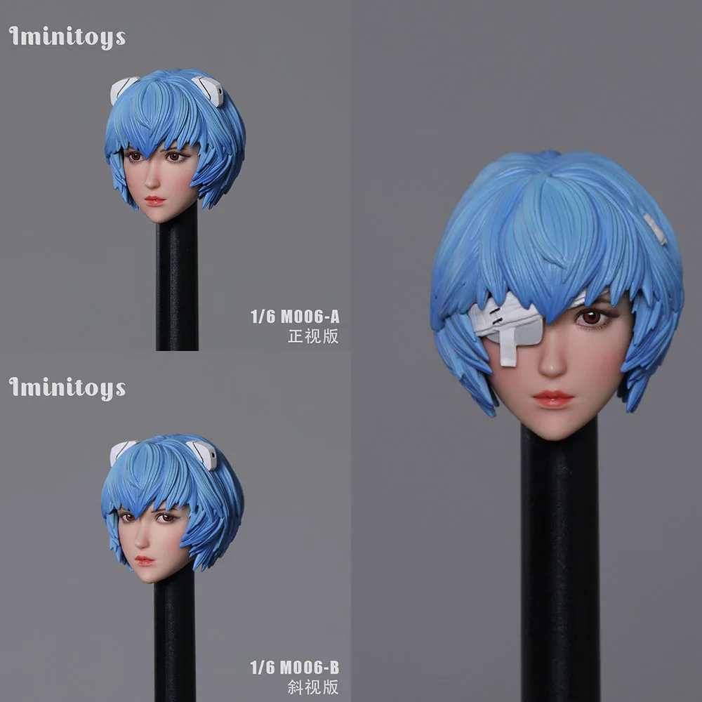 M006/M007 1/6 1/12 Scale Warrior Ayanamies Female Soldier Blue Hair Head Sculpt Carving Model with Blue PVC Hair Model